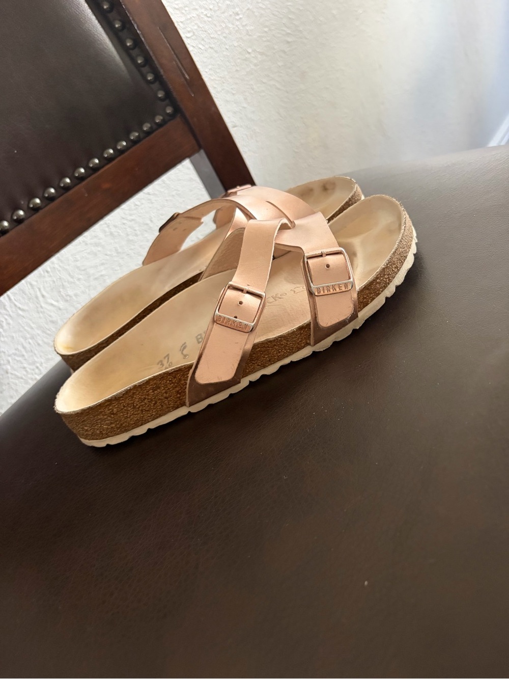 Birkenstock Rose Gold Double-Buckle Cork Slide Sandals